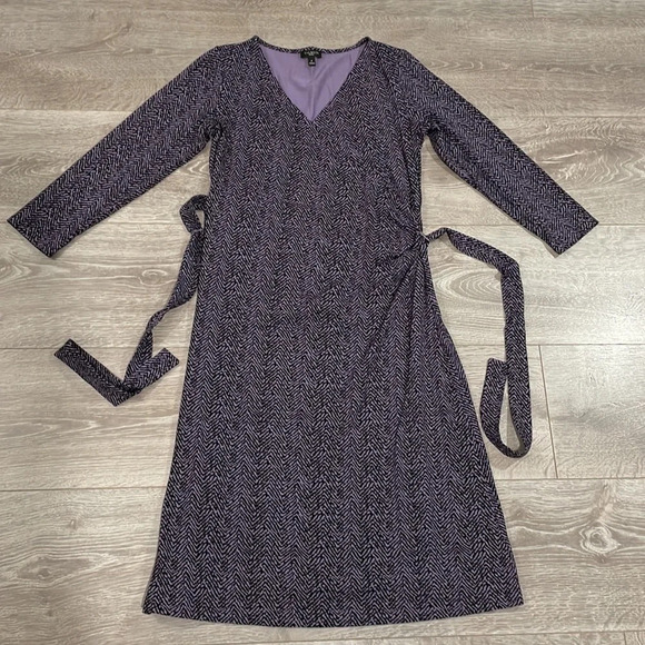 Talbots Petites Faux Wrap 3/4 Sleeve Dress Black Purple P - Picture 8 of 16
